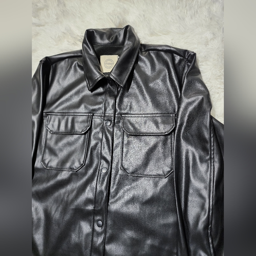 Black Faux Leather Shirt Jacket